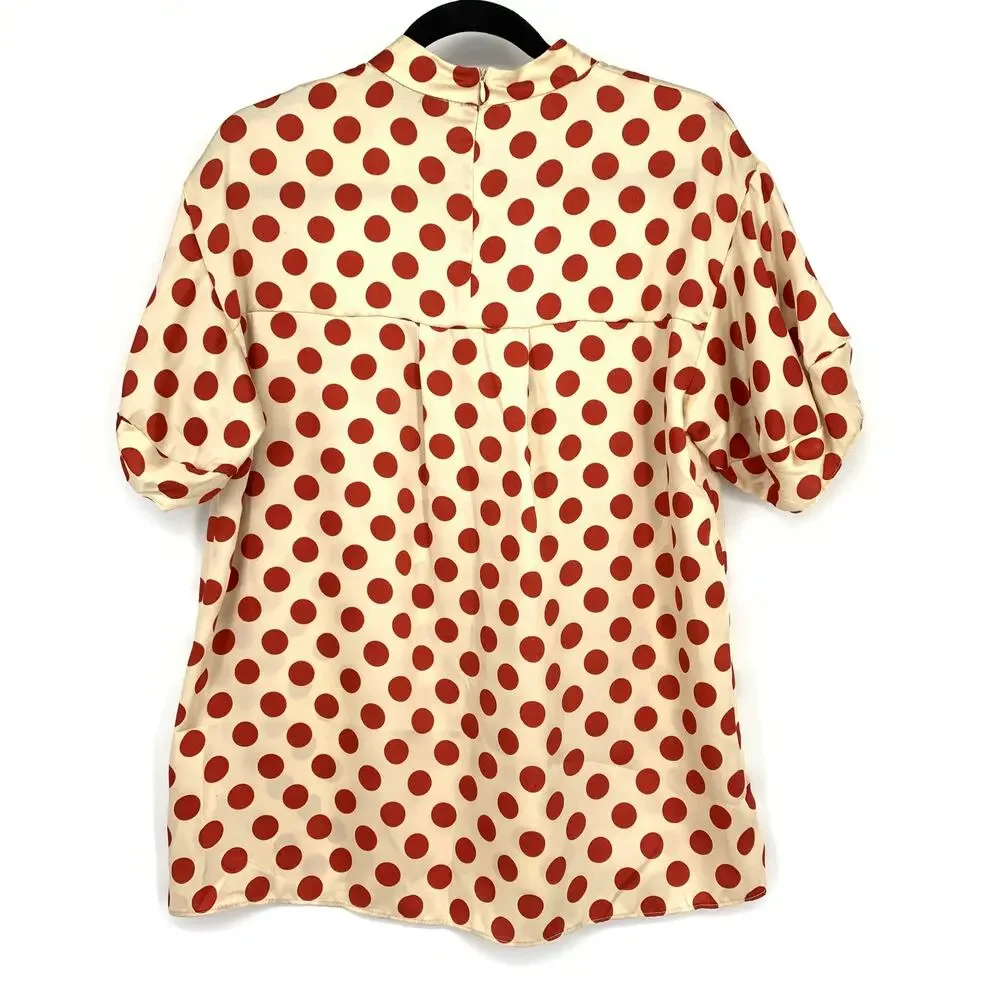 Zara Trf High Neck Puff Sleeve Blouse Womens Size Medium Cream Orange Polka Dot